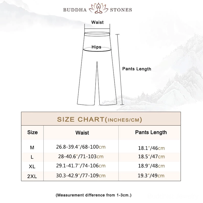 Zen wide leg pants size chart and structure diagram showing waist hips and length specifications M to 2XL