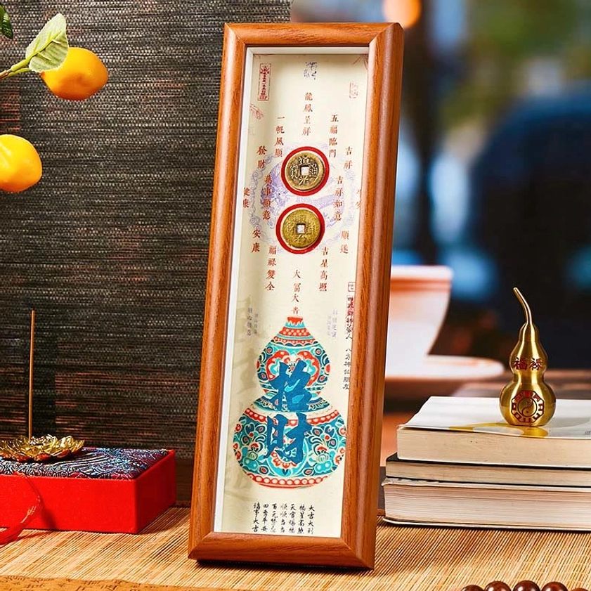 Zhao cai attract wealth fortune gourd wooden photo frame brass coins