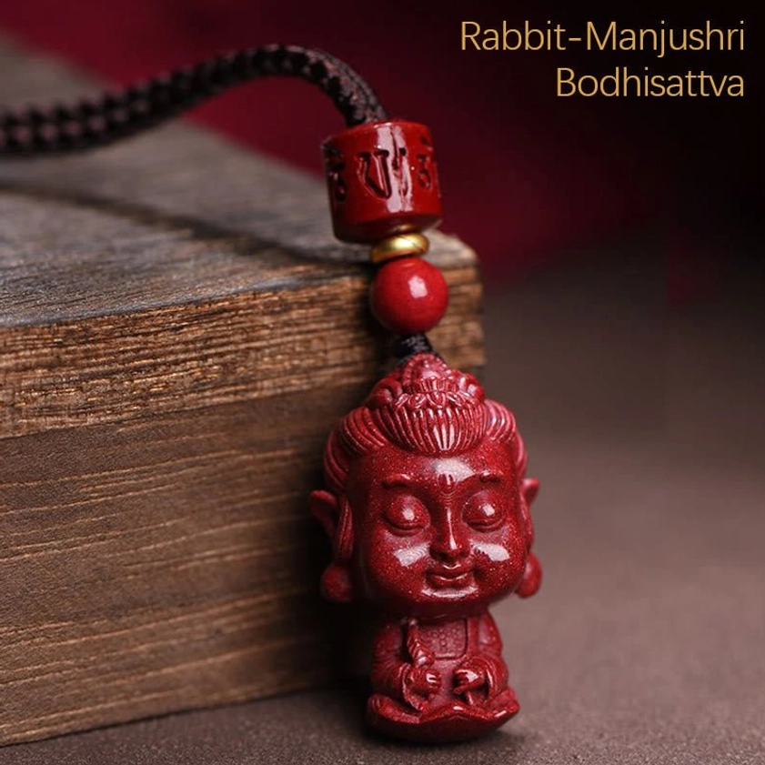 Rabbit Manjushri Bodhisattva zodiac natal Buddha cinnabar pendant necklace