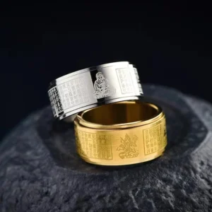 Zodiac guardian buddha heart sutra rotating ring in silver and gold, rotating band design