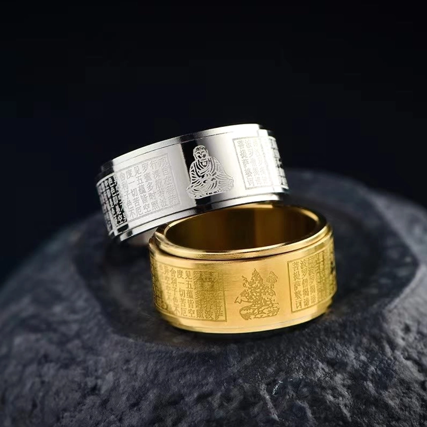 Zodiac guardian buddha heart sutra rotating ring in silver and gold, rotating band design