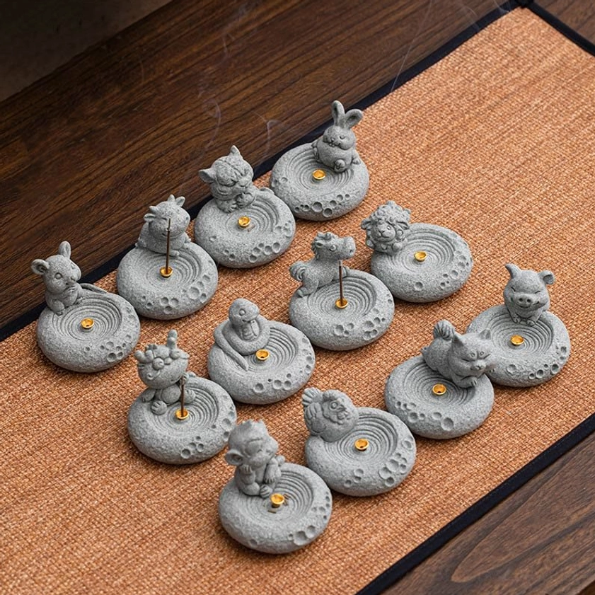Complete set all 12 Chinese zodiac animal incense burners handcrafted grey stone collection