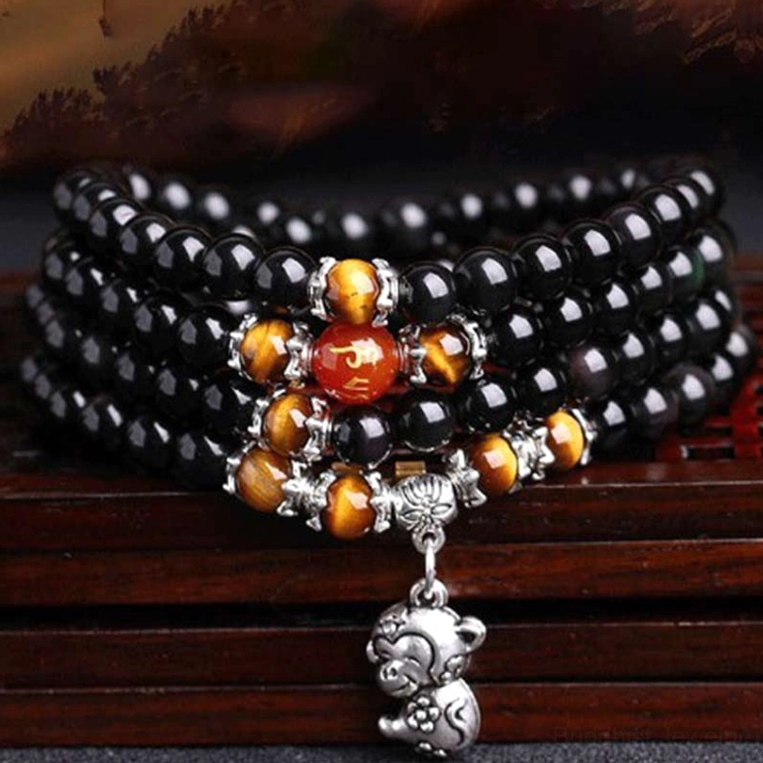 Chinese zodiac 108 bead mala bracelet obsidian tiger eye red agate monkey charm