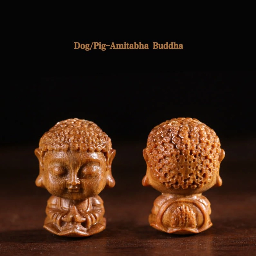 Zodiac natal Buddha statues arranged for spiritual altar display showing natural wood grain and handcrafted artisanal quality