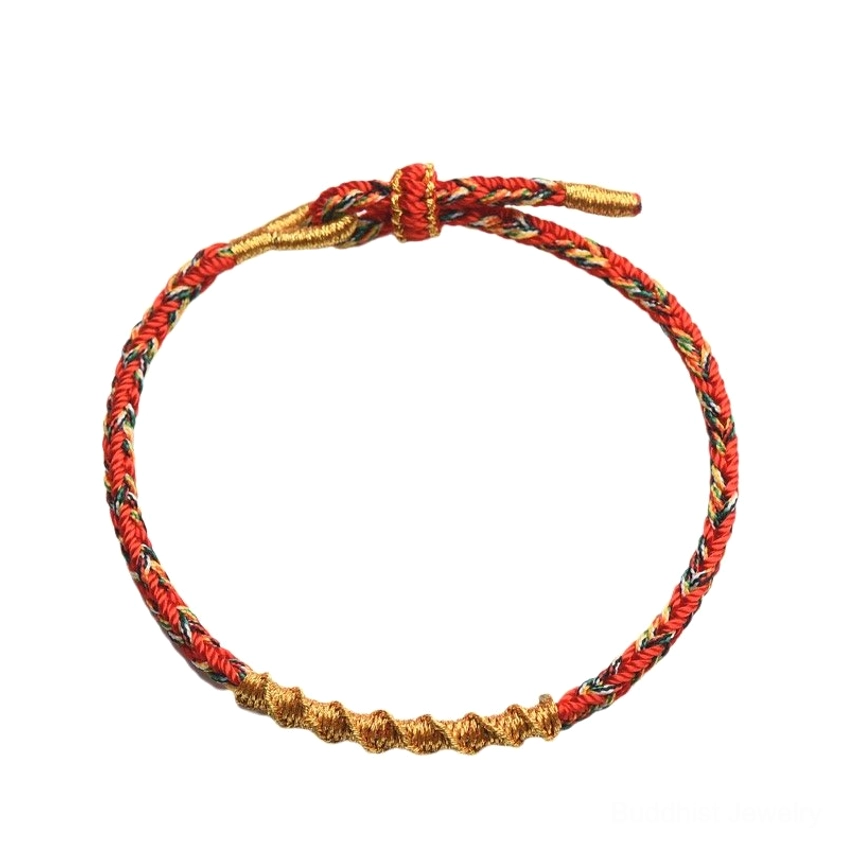 Red and Gold Buddhist Zodiac Braided Rope Bracelet Wearable Display on White Background - Adjustable Size for Protection and Good Fortune
