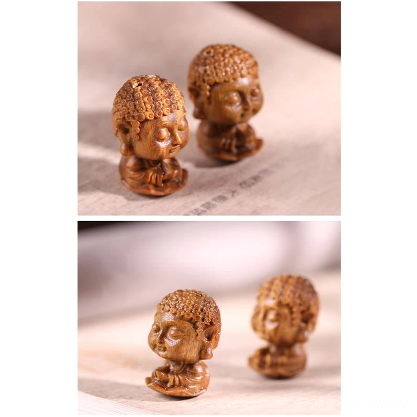 Hand-carved zodiac natal Buddha figurines in natural sandalwood showcasing artisanal craftsmanship and unique wood grain patterns