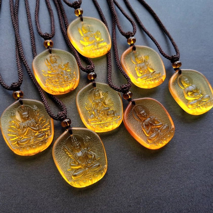 Complete Zodiac Natal Buddha Liuli Crystal Pendant Collection - 12 Different Guardian Bodhisattvas with Brown Braided Cords