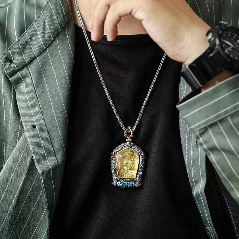 Chinese Zodiac Natal Buddha necklace pendant showing intricate Buddhist deity carving and authentic dzi bead craftsmanship detail