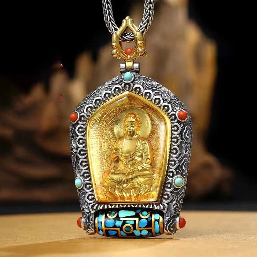 Chinese Zodiac Natal Buddha handmade pendant necklace with gold-plated deity carving and dzi bead, front close-up view